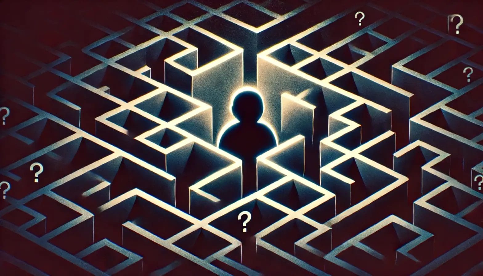 Silhouette of a person moving through a complex maze, strewn with dark patterns and question marks.