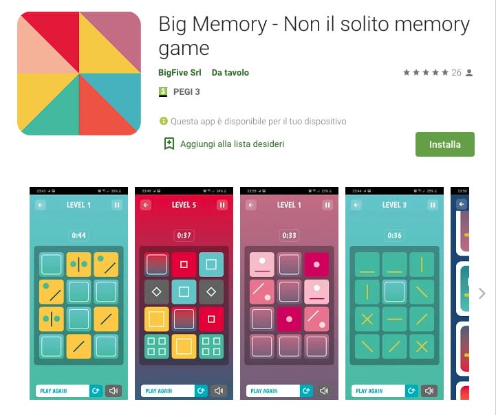 La nostra App "BIG MEMORY" selezionata tra le applicazioni che creano dipendenza big memory app store gioco 1