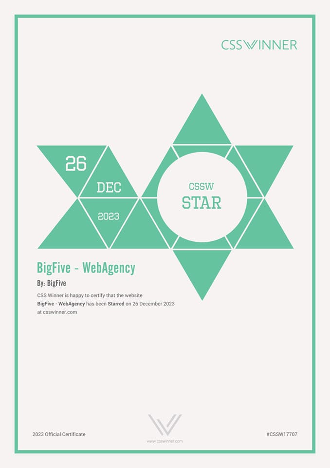 BigFive riceve il Premio Stars al CSS Winner 🏆 CSSW 17707 Star Certificate