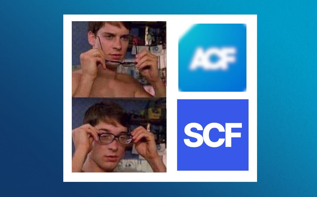 Il meme a due riquadri mostra la vista automatica di Bozza attraverso occhiali sfocati etichettati ACF e una prospettiva chiara etichettata SCF.