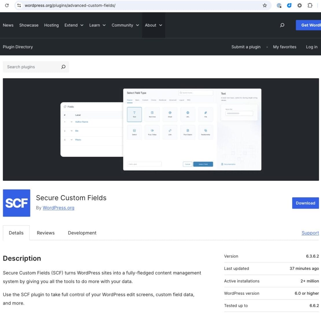 ACF Fork and the War Between Wordpress and WP Engine Screenshot of the Secure Custom Fields WordPress plugin page, with a download button and informational details about the plugin, complete with an auto-draft option to streamline your workflow.