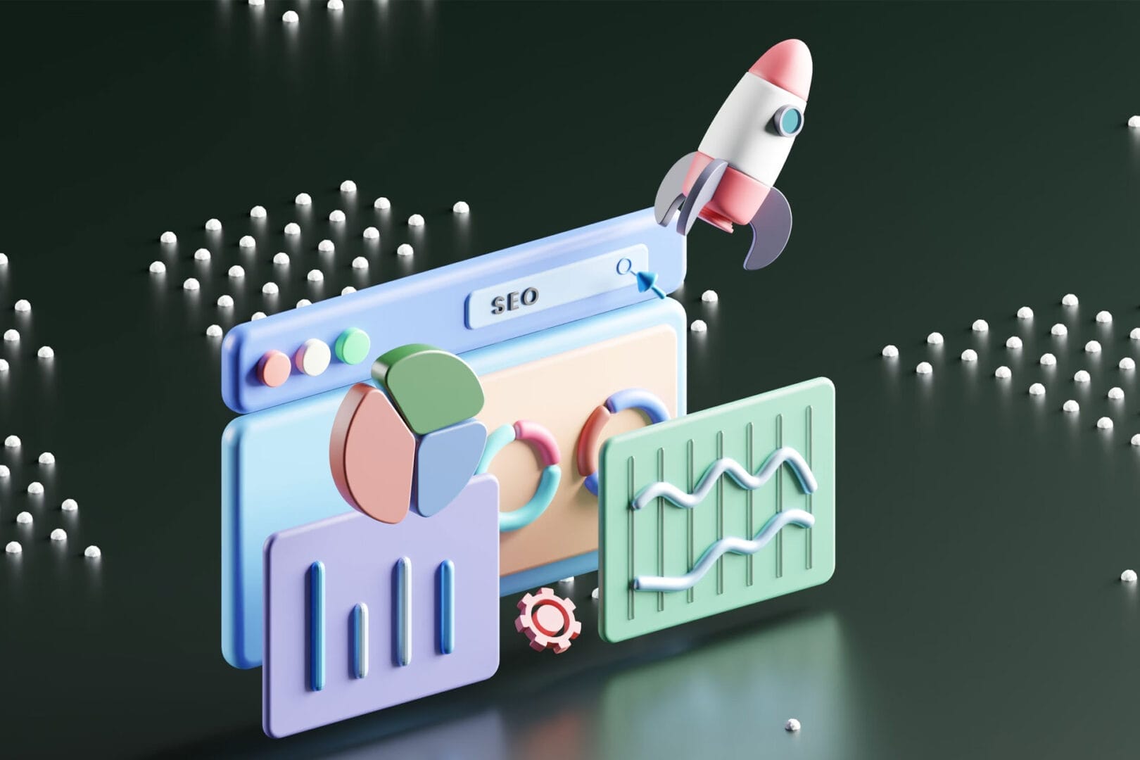 Doing SEO: 5 Reasons to Optimize Your Business Website 3D illustration of a SEO themed dashboard with charts, a gear icon and a rocket launch powered by ACF.