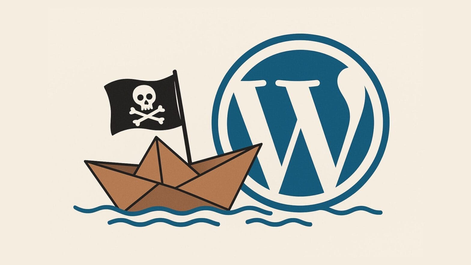 A paper boat with a pirate flag, symbol of the pirated plugin, sails in front of the WordPress logo on a cream-colored background.