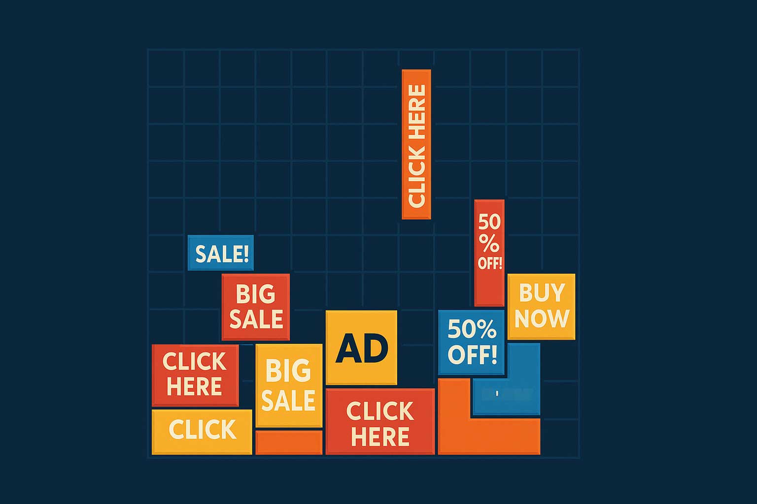 Come Evitare la Banner Blindness ed emergere nel Banner Noise I blocchi etichettati con annunci e vendite si impilano come Tetris su una griglia, evidenziando la sfida per evitare la cecità da banner.