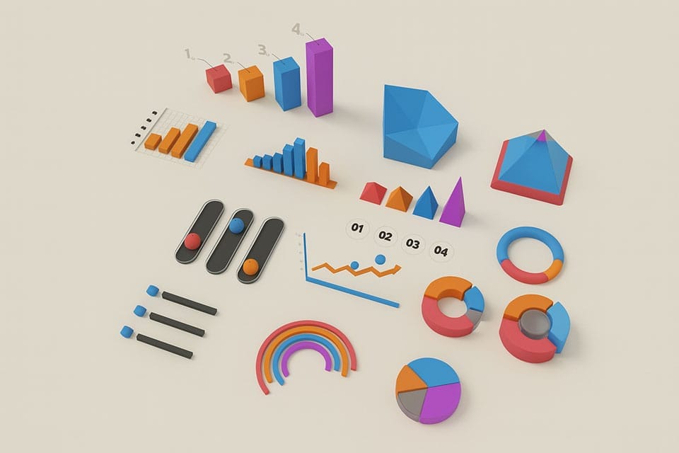 Una raccolta di grafici 3D colorati, diagrammi e visualizzazioni di dati per l'analisi e l'ottimizzazione del tasso di conversione su uno sfondo beige.