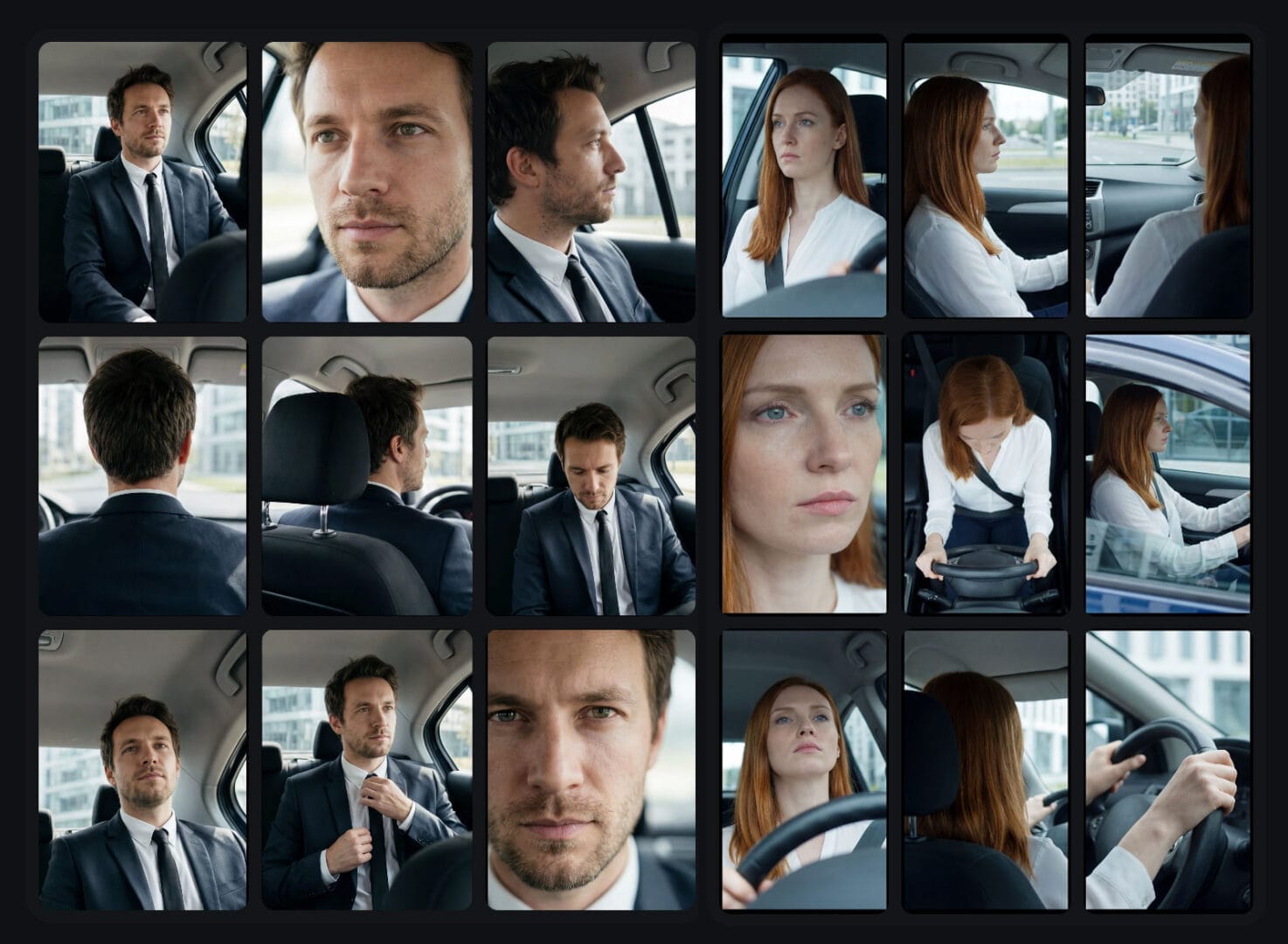 A man and a woman in business suits sit in a car, looking serious and focused, perfect for showcasing Spot AI's intelligent vehicle technology.