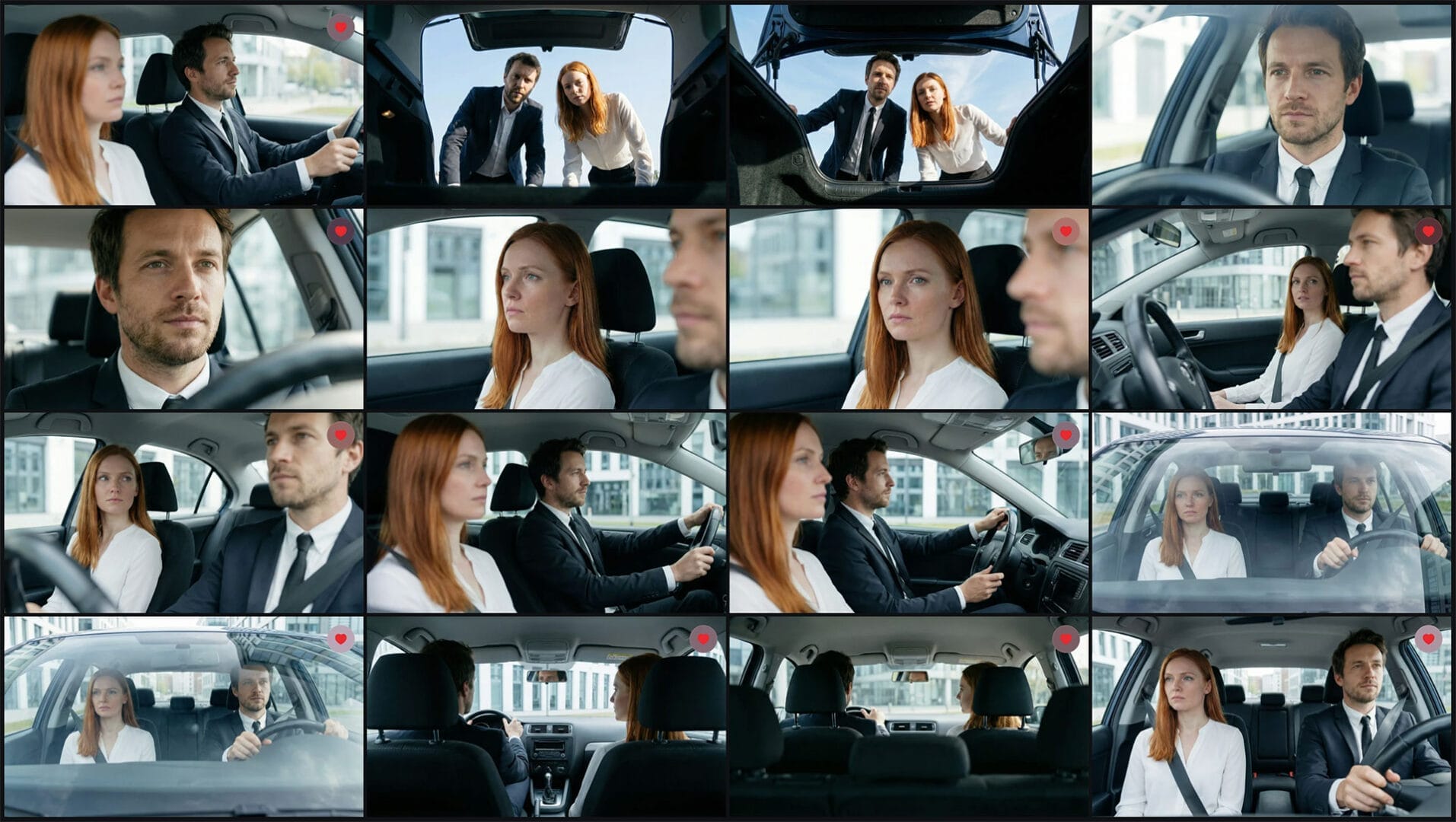 A man and a woman in business suits sit together in a car, filmed from various angles using Spot AI technology.