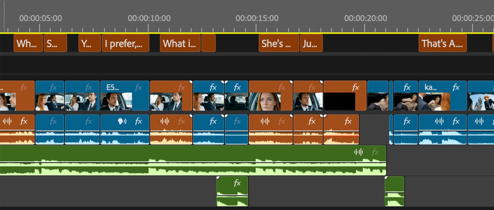Screenshot of a Spot AI video editing timeline with video, audio and subtitle tracks displayed in actual different colors.