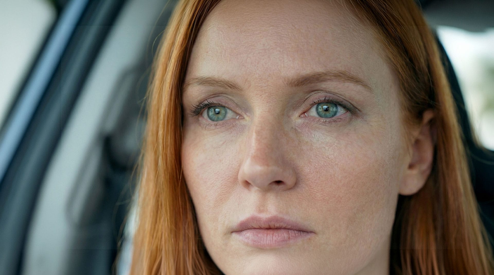 spot-AI-cover Close-up of a woman with red hair and green eyes in a car, looking out the window as Spot AI captures her neutral expression.