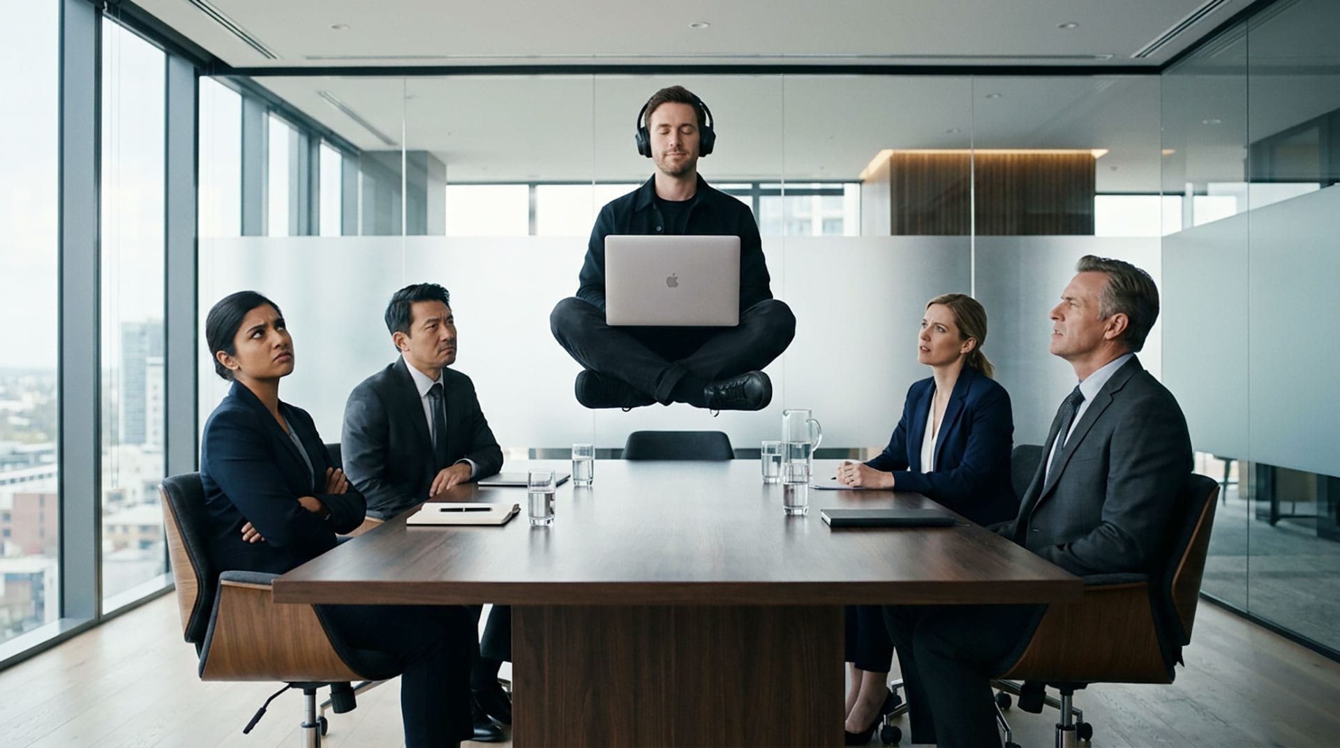 examples-images-ai-11 A man wearing headphones levitates cross-legged above a conference table as colleagues watch, like in a scene from AI Video.