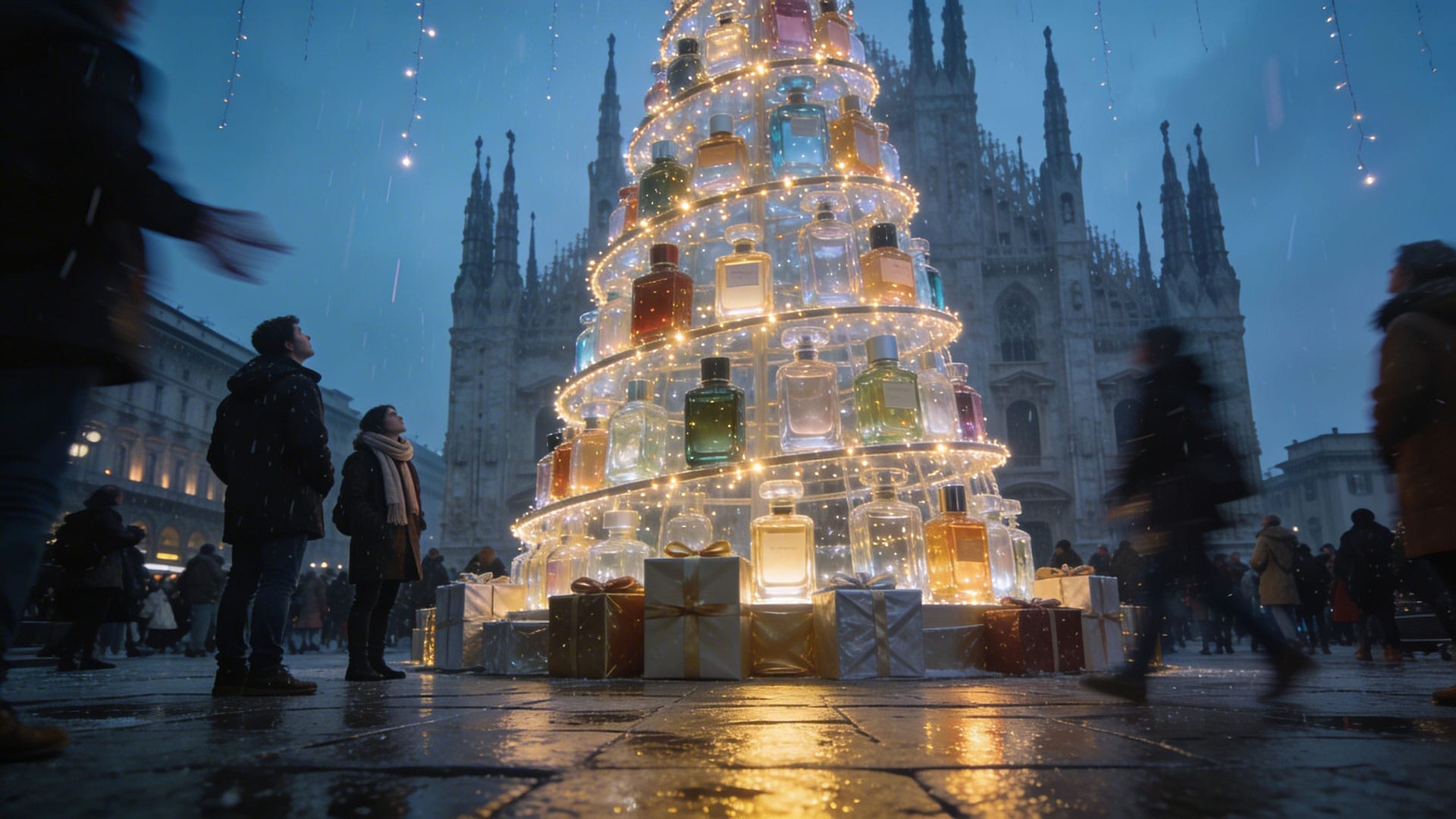 examples-images-ai-12 People standing near a large Christmas tree made of illuminated glass bottles, filming a festive reel in the town square at sunset.