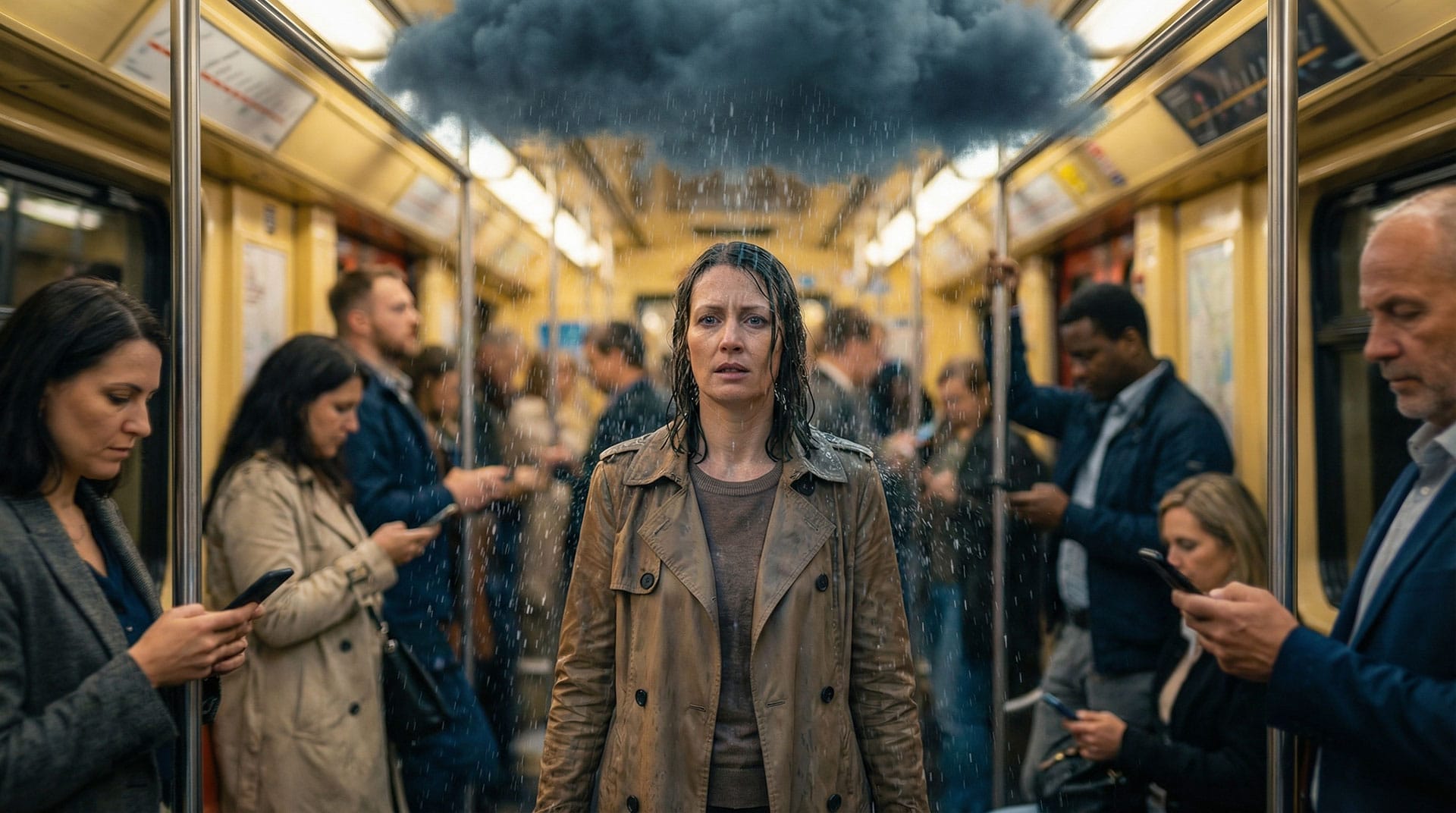 examples-images-ai-3 A woman stands in a crowded subway car under a small rain cloud, while others scroll through their phones – perfect for an AI Video Reel.