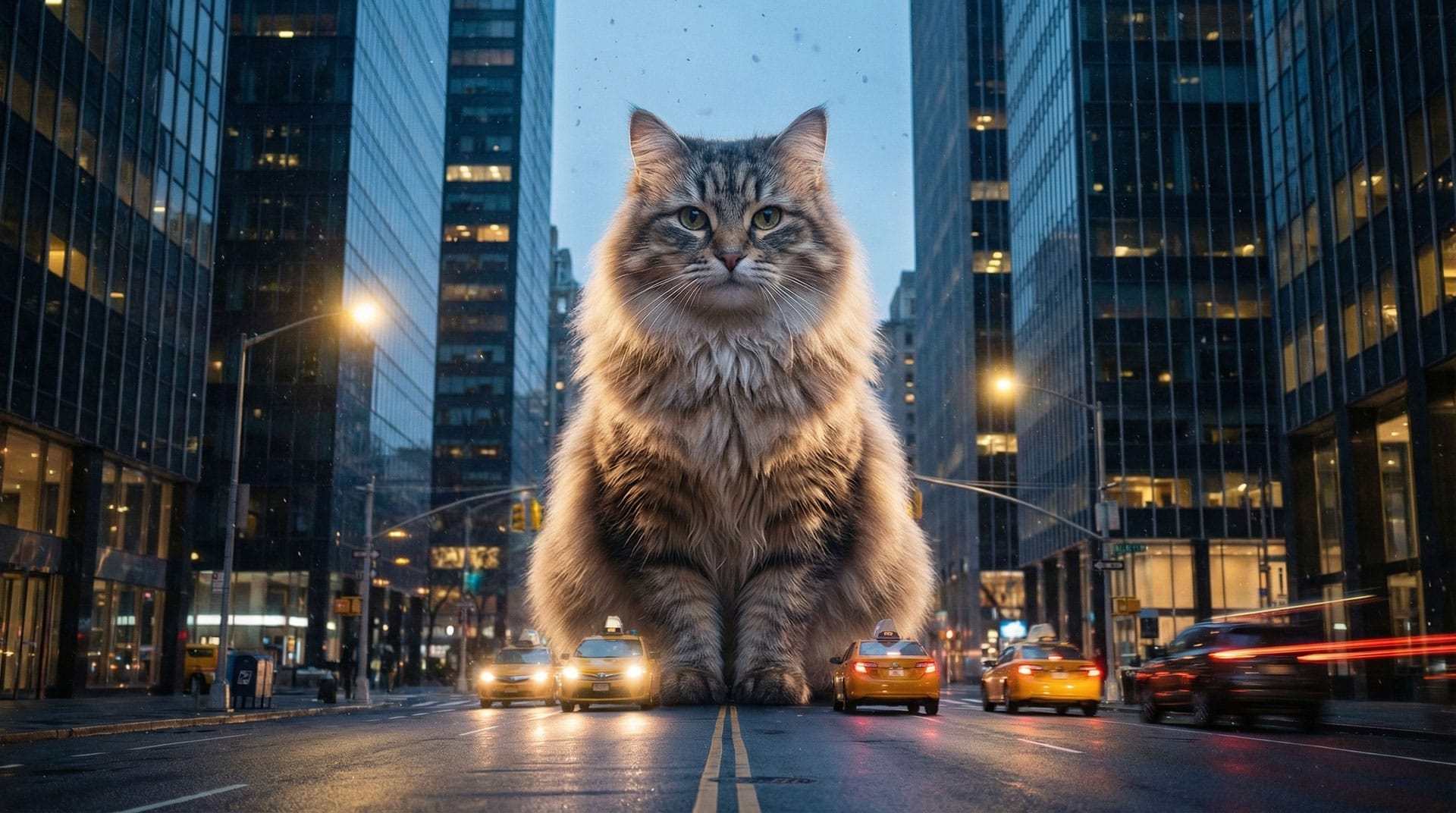 examples-images-ai-5 A giant, fluffy cat sits in the middle of a city street at dusk – perfect for a Reel or a fun AI Video creation.